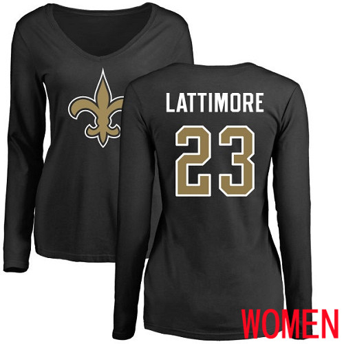 New Orleans Saints Black Women Marshon Lattimore Name and Number Logo Slim Fit NFL Football #23 Long Sleeve T Shirt->nfl t-shirts->Sports Accessory